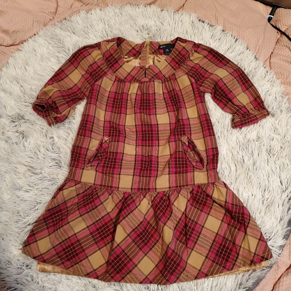 Gap Pink Brown Plaid Pleated Dress XS 4-5